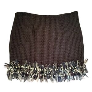 Aqua by Bloomingdales Y2K Black Mini Tweed Skirt w/ Fringe Hem Size Small